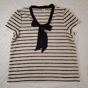 Elle‎ Womens XXL Oatmeal & Black Striped Linen-Blend Top V-Neck Chiffon Bow